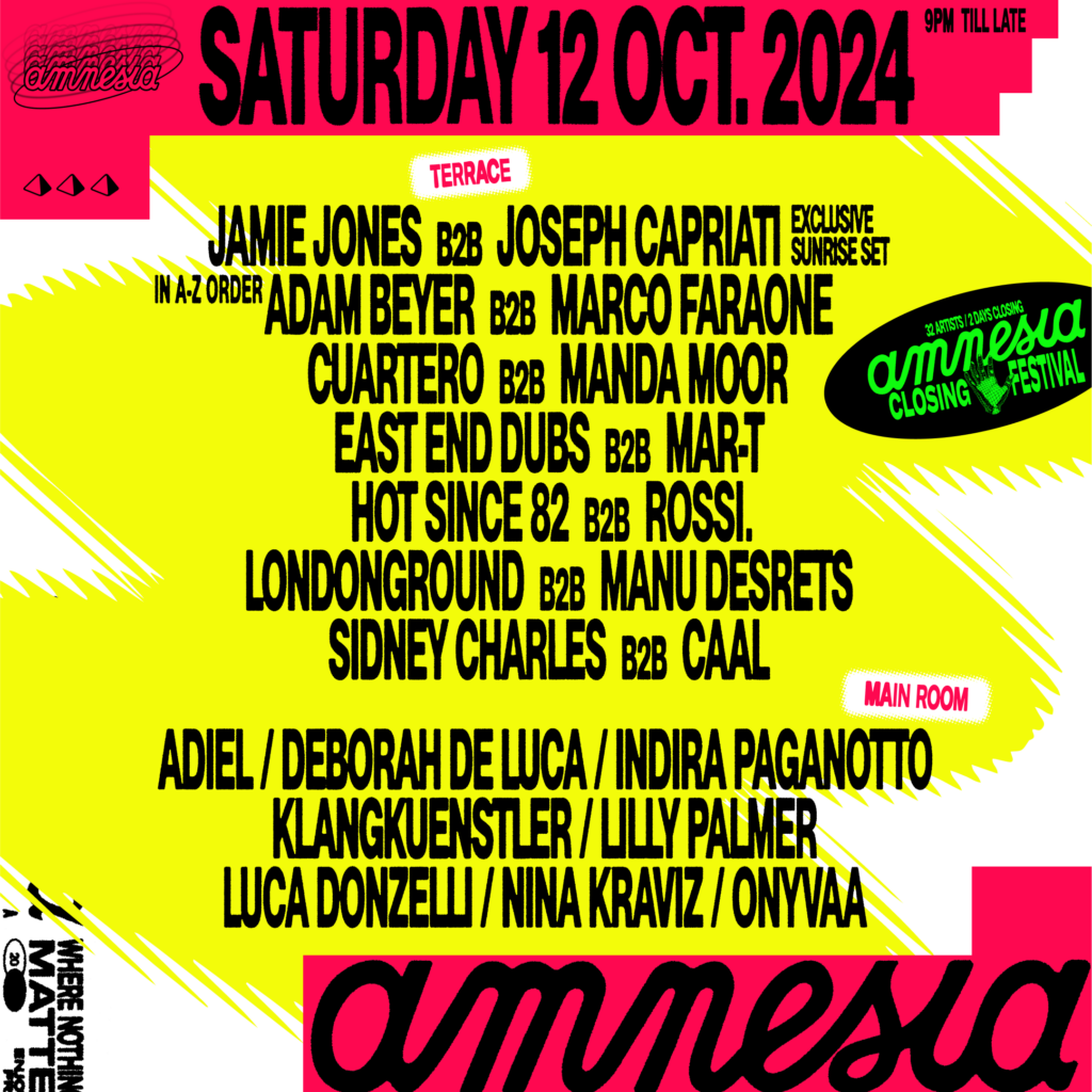 Closing Festival en Amnesia Ibiza Lineup del Sábado 12 de Octubre